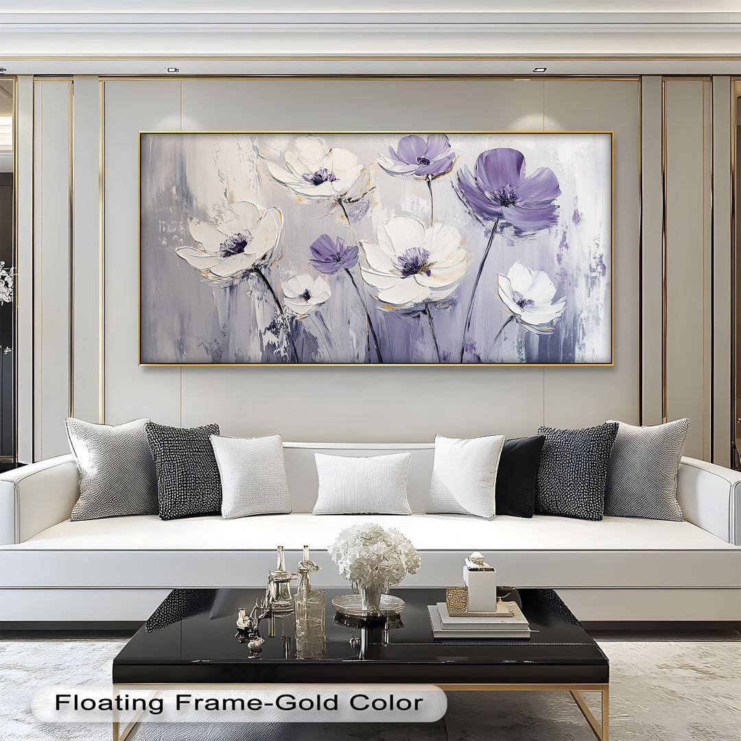 White and Purple Florals on Misty Background - Flower Oil Painting