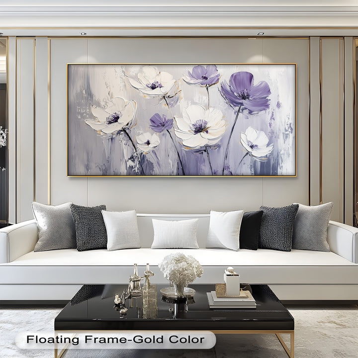 White and Purple Florals on Misty Background - Flower Oil Painting