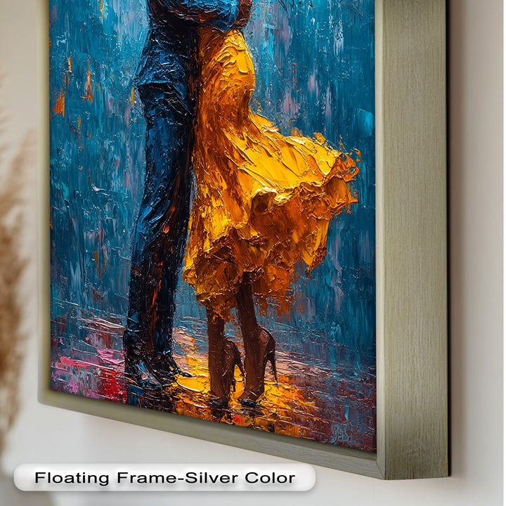 Midnight Embrace – Vibrant Couple in Yellow Dress Oil Painting