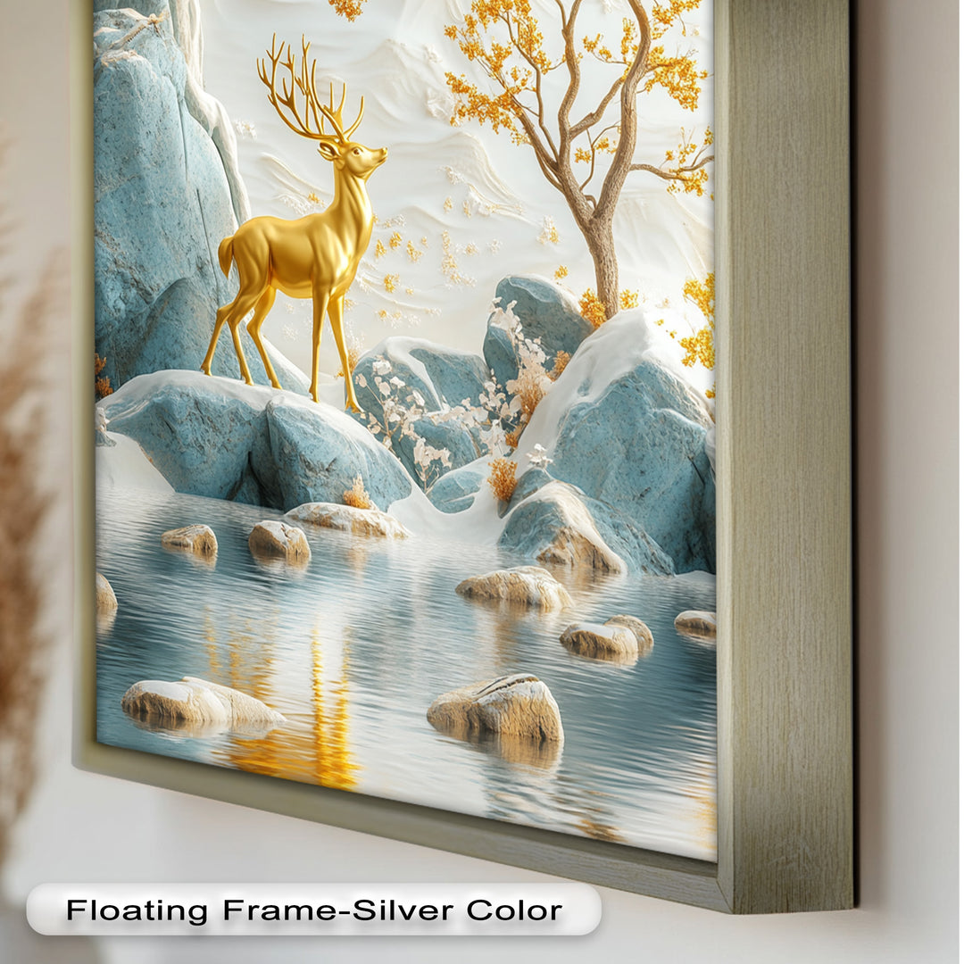 Golden Deer in Snowy Mountain - Animal Oil Painting