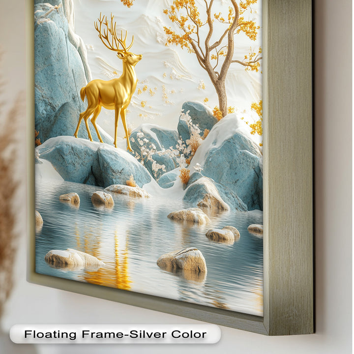 Golden Deer in Snowy Mountain - Animal Oil Painting