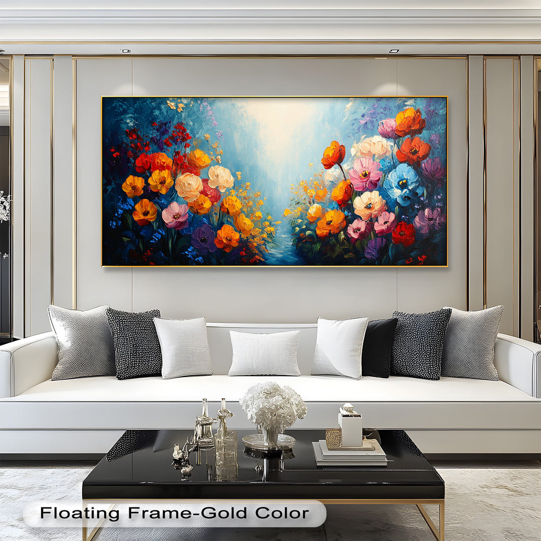 Multicolor Blossoms in Blue Radiance - Flower Oil Painting