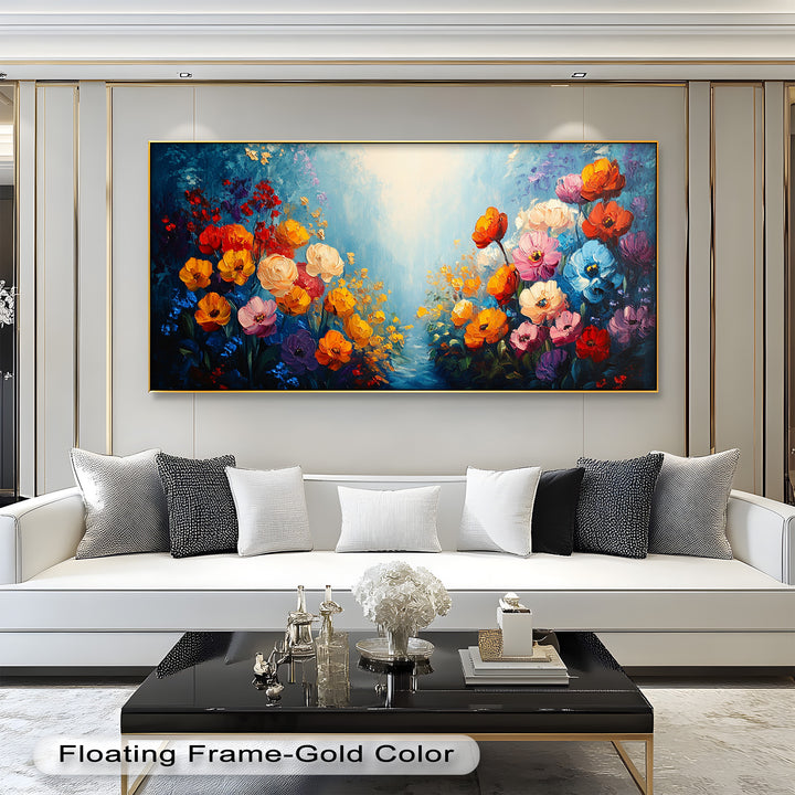 Multicolor Blossoms in Blue Radiance - Flower Oil Painting