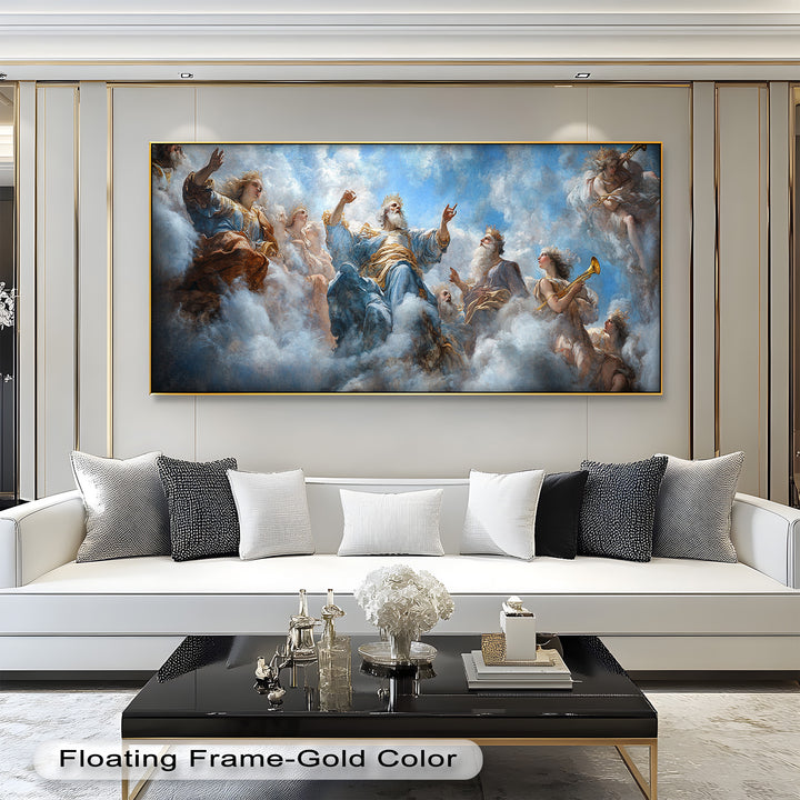 Himmlischer Hof der Götter – Ölgemälde in göttlichem Blau und Gold