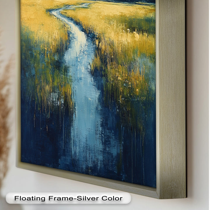 Golden Fields and Blue Stream – Contemporary Landscape Oil Painting