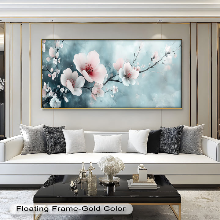Soft Pink and White Petals on Tranquil Blue - Flower Oil Painting