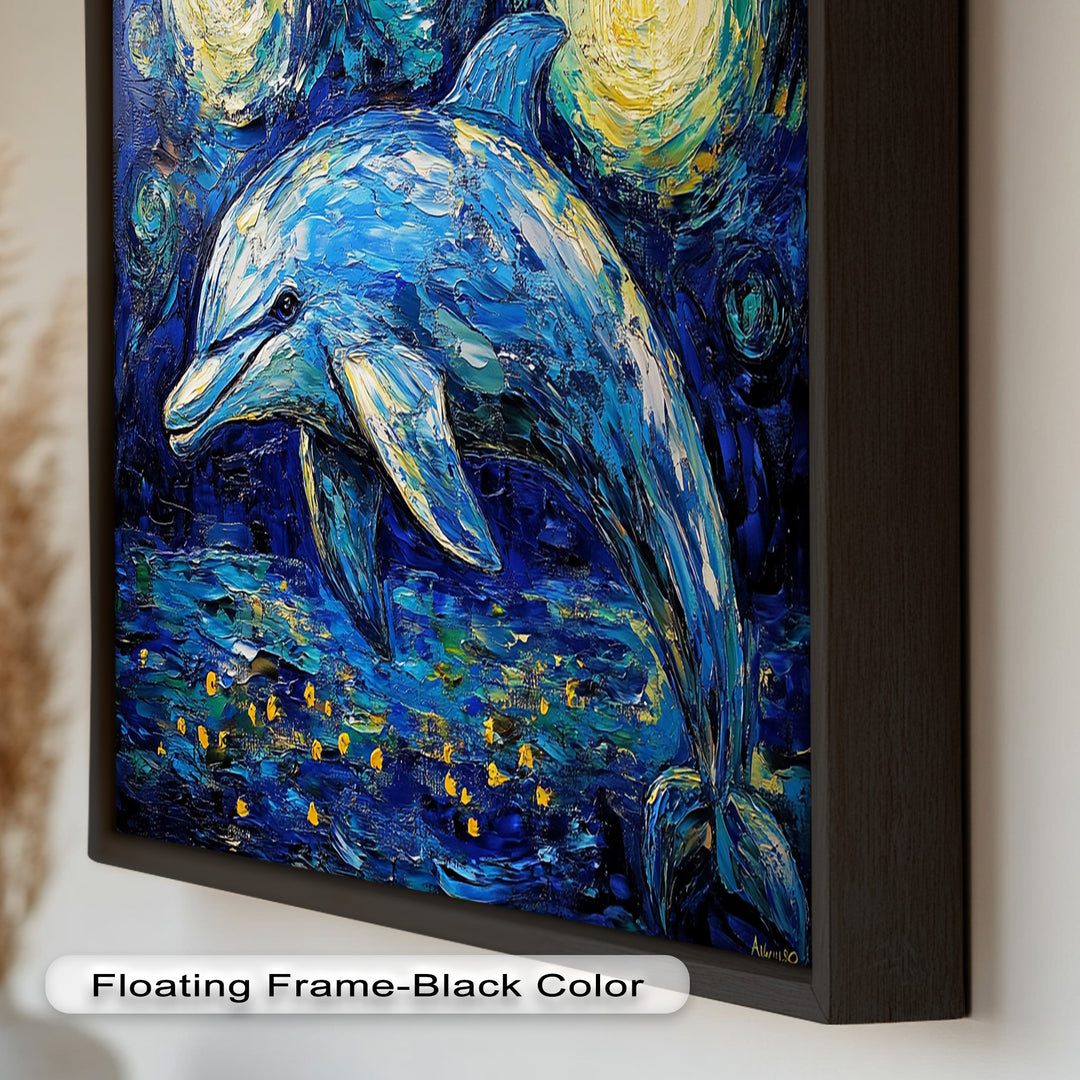 Starry Night Dolphin in Ocean Dreamscape – Animal Oil Painting