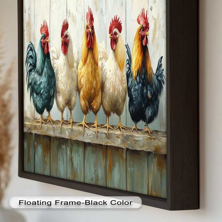 Colorful Roosters on a Wooden Fence – Animal Oil Painting
