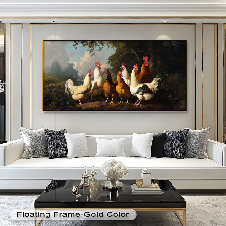 Roosters and Hens in a Countryside Clearing - Animal Oil Painting