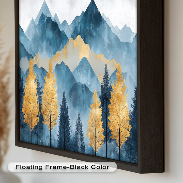 Blaue und goldene Aquarell-Berglandschaftskunst – Atemberaubende Ölgemälde