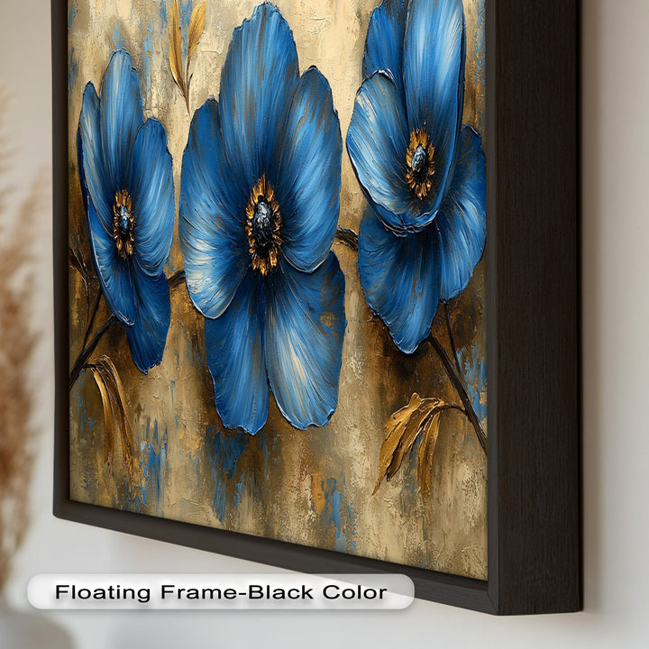 Golden Beige Elegance – Royal Blue Floral Trio Flower Oil Painting