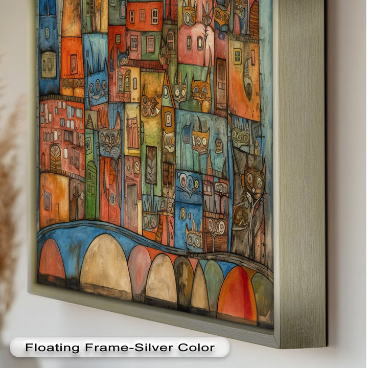 Whimsical Cat Cityscape – Surreal Architecture and Feline Picasso Oil Painting