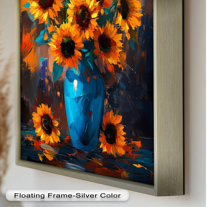 Sunlit Joy – Bold Sunflowers in Blue Vase Oil Painting