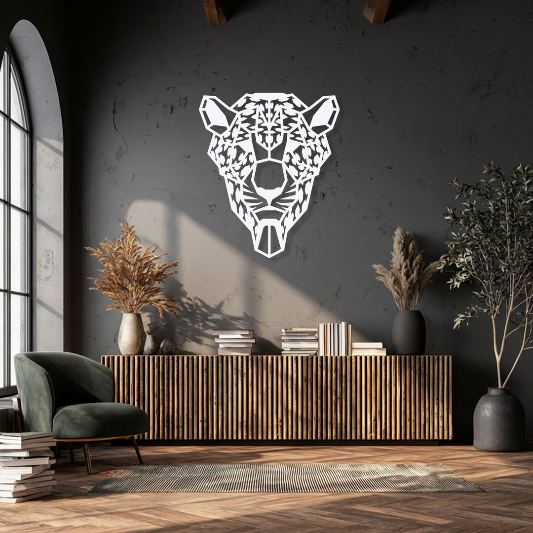 A vertically oriented geometric tiger head, a striking piece of unique metal wall art, adds modern decor.