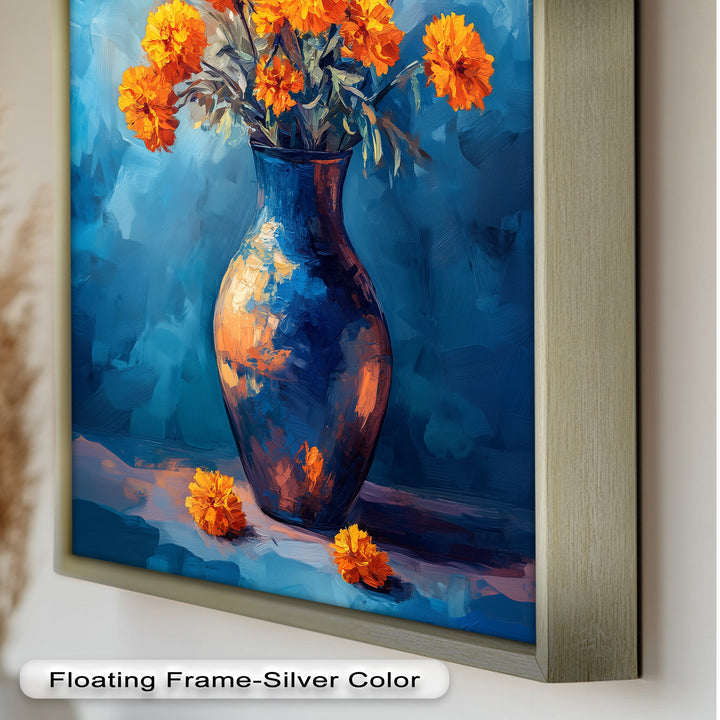 Golden Marigolds in Midnight Blue – Flower Oil Painting