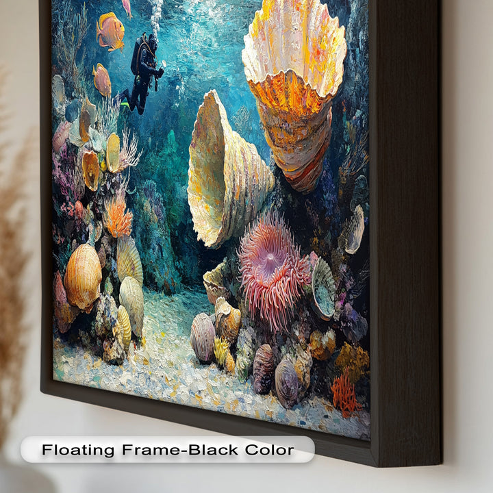 Diver Exploring Coral Reefs with Giant Shells - Animal Oil Painting