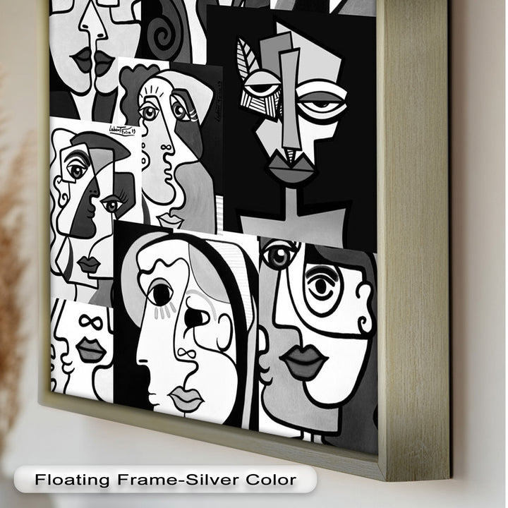 Monochrome Muse – Picasso-inspiriertes Ölgemälde mit kubistischen Gesichtern