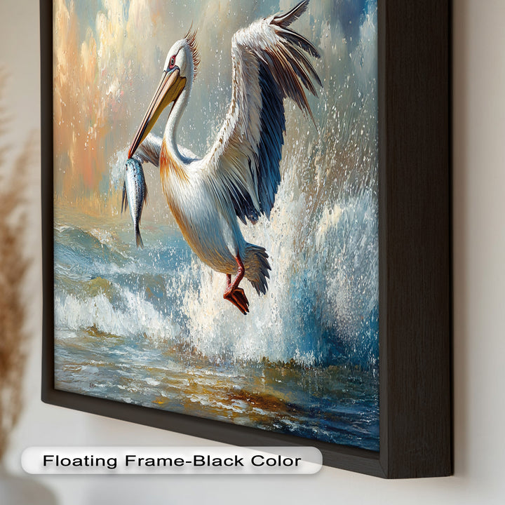 Pelican Catching Fish in Ocean Surf – Animal Oil Painting