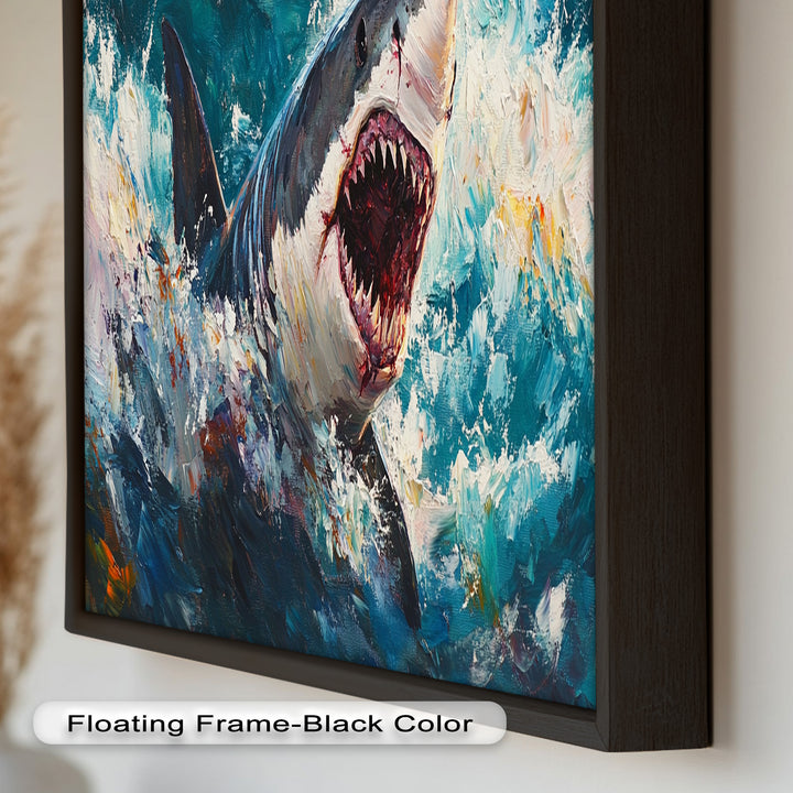 Ferocious Shark Emerging from Turbulent Waters – Animal Oil Painting