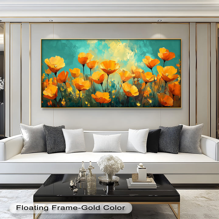 Goldene Mohnblumenfeld Wandkunst – Blumenölgemälde