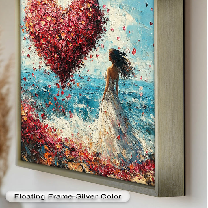 Woman with Heart-Shaped Petals Over the Sea - Love Oil Painting