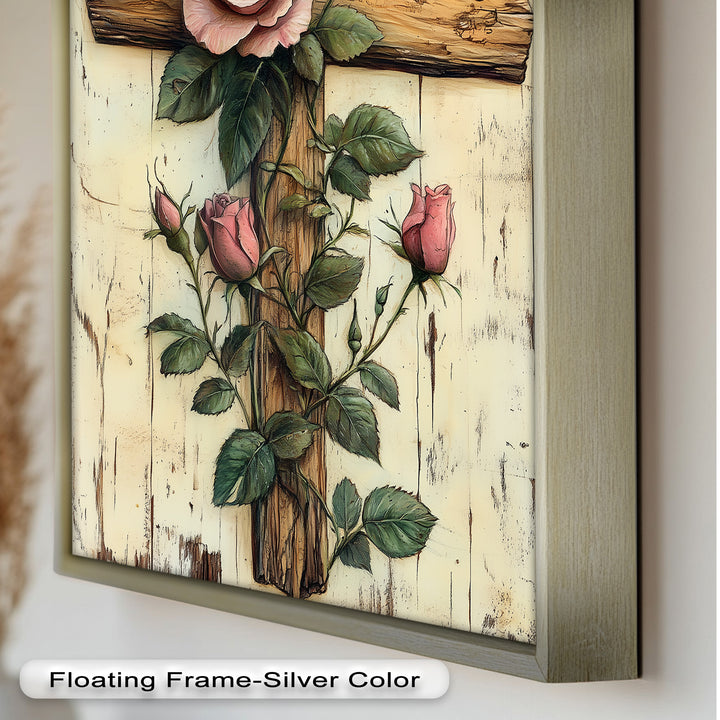 Rosen der Gnade – Religiöses Ölgemälde mit Kreuz und Blume