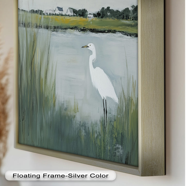 Egret by the Marsh – Minimalist Landscape Oil Painting