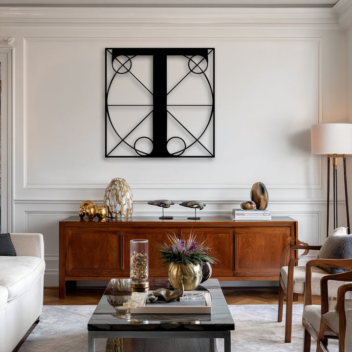 The elegant matte black finish of the geometric letter T metal artwork creates a sleek, modern monogram line design.