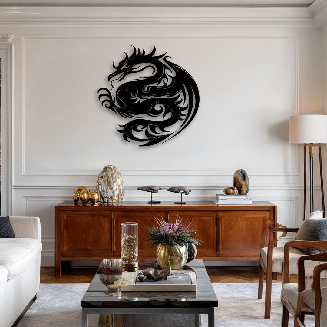 The pristine white wall serves as a striking backdrop for the intricate black dragon circular decorative metal art, embodying mythical power.