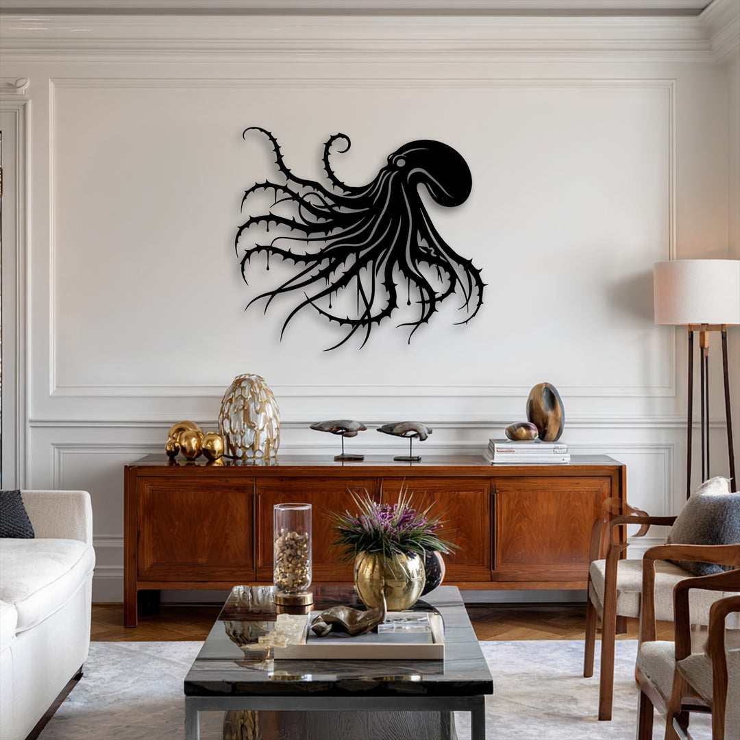 Muted color saturation highlights the dramatic dark octopus metal artwork, creating a stark gothic ocean decor focal point.