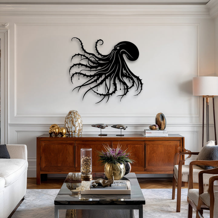 Muted color saturation highlights the dramatic dark octopus metal artwork, creating a stark gothic ocean decor focal point.