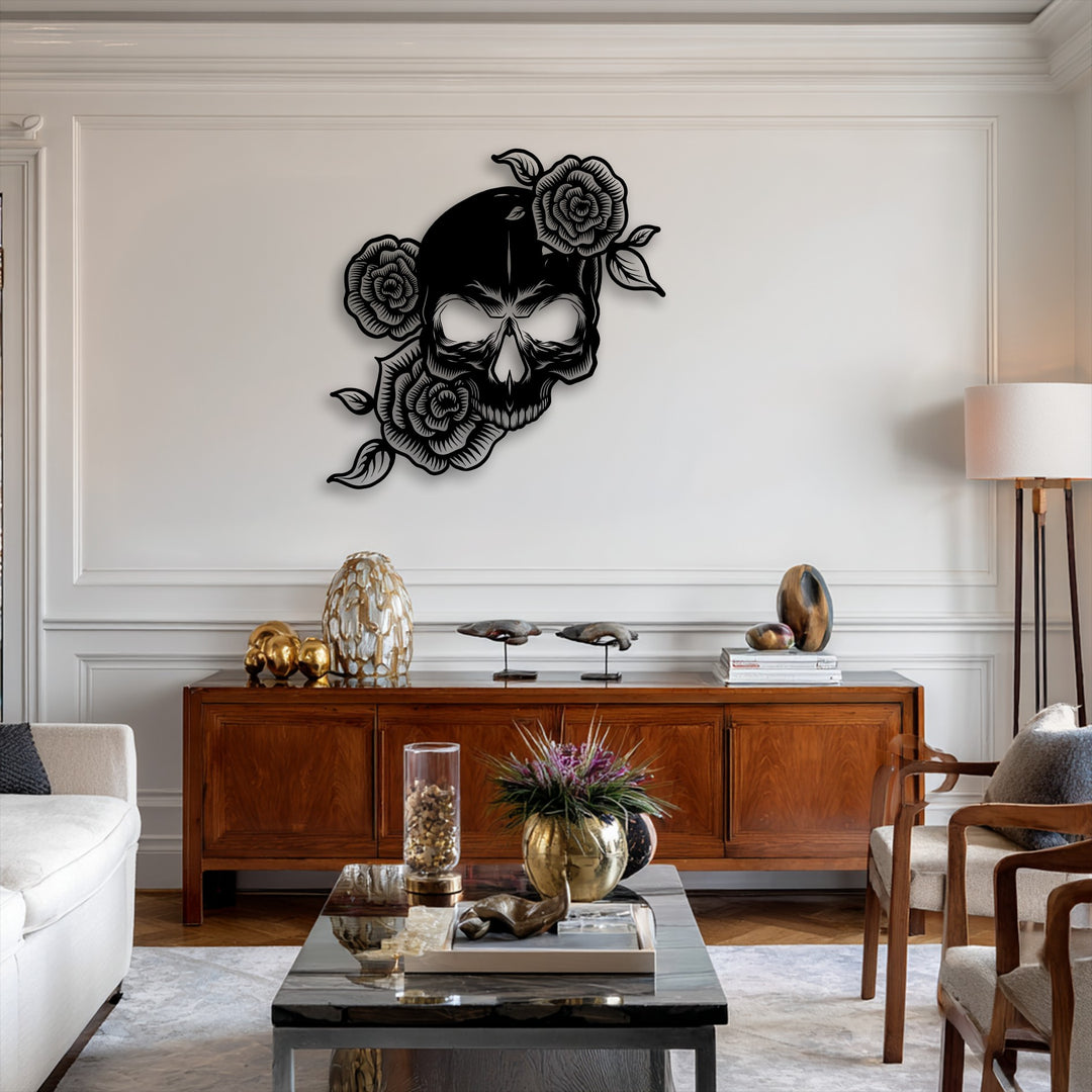 The soft white fabric of the lamp shade subtly complements the striking floral skull unique metal wall art.
