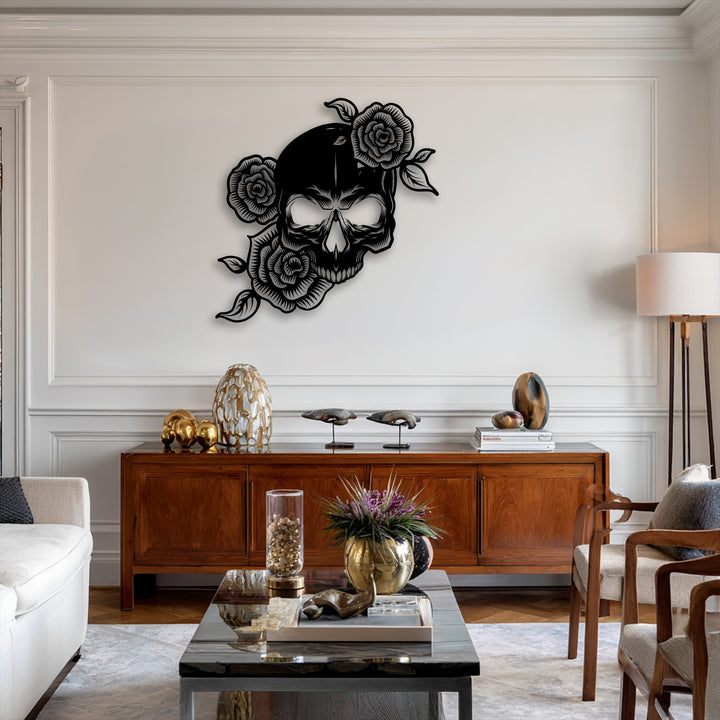 The soft white fabric of the lamp shade subtly complements the striking floral skull unique metal wall art.