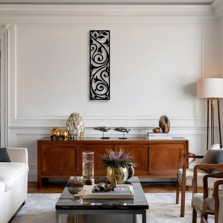 The elegant, sharp borders of the vertical scroll vine design showcase this unique metal wall art beautifully on the wall.