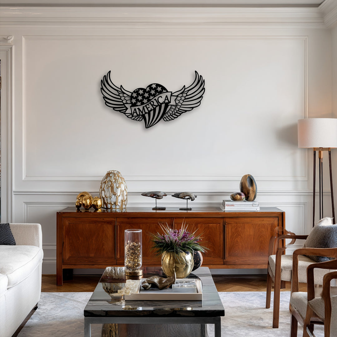 The darkest area prominently displays a striking black decorative metal art piece, shaped like an American heart with majestic wings.