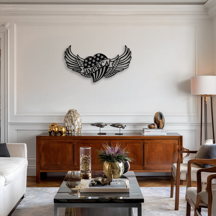 The darkest area prominently displays a striking black decorative metal art piece, shaped like an American heart with majestic wings.