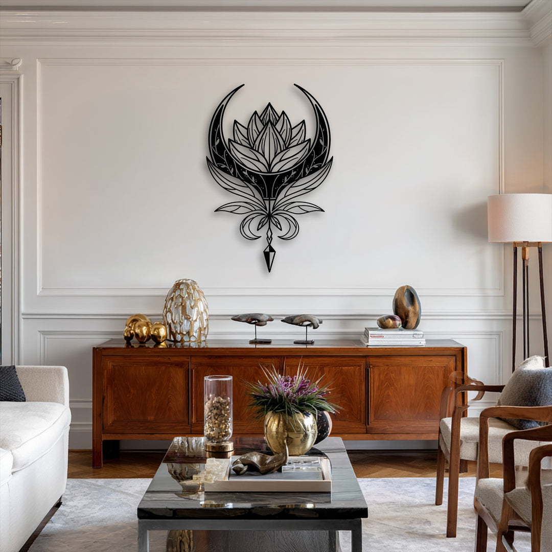 A classic white paneled wall with elegant crown molding serves as a sophisticated background for the Celestial Lotus Emblem metal art for wall.