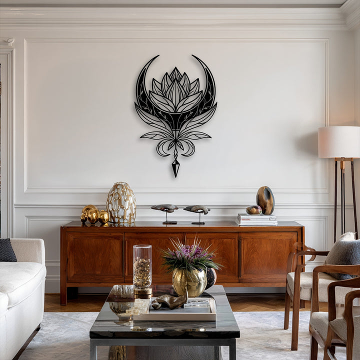 A classic white paneled wall with elegant crown molding serves as a sophisticated background for the Celestial Lotus Emblem metal art for wall.
