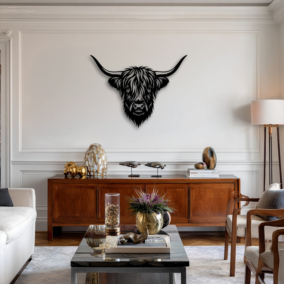 The darkest area reveals a striking, intricately detailed black majestic Highland bull head metal wall decor, featuring long horns and expressive fur.