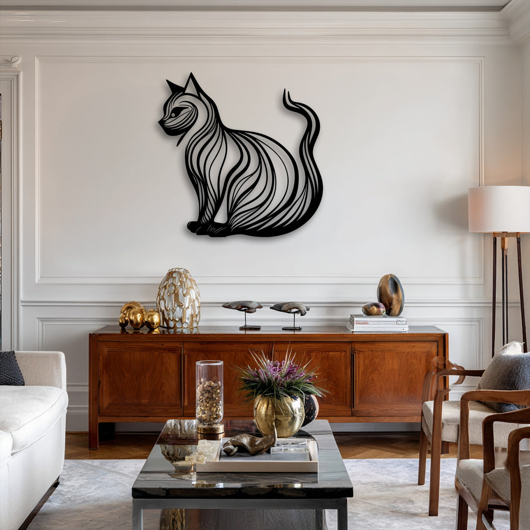 An elegant cat silhouette, designed as decorative metal art, features intricate wavy lines against a minimalist white wall.