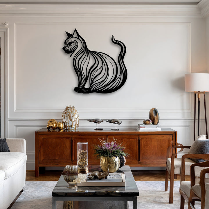 An elegant cat silhouette, designed as decorative metal art, features intricate wavy lines against a minimalist white wall.