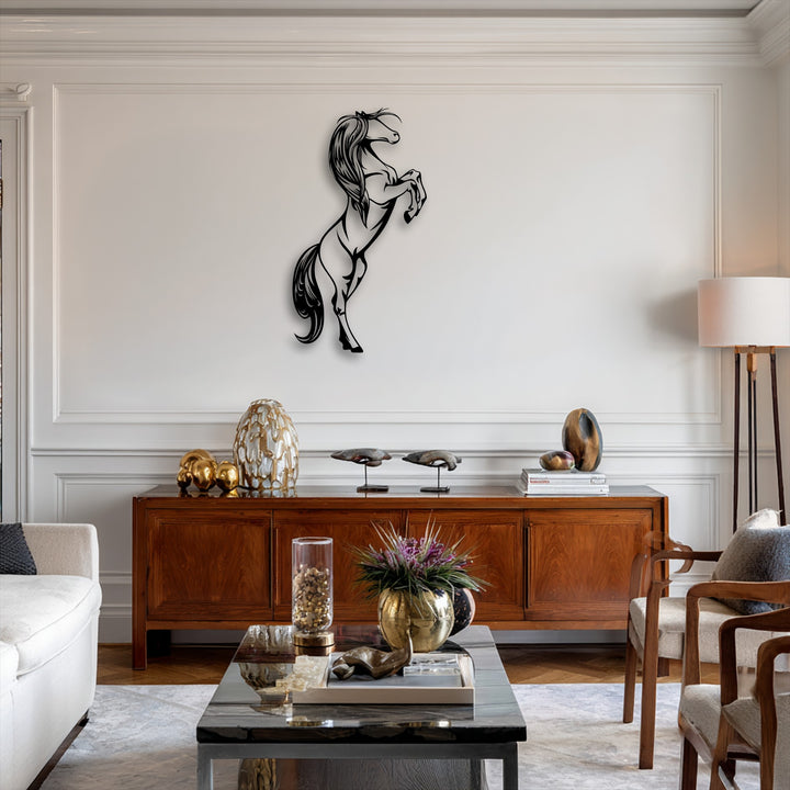 The dramatic and elegant mood of this modern living space is enhanced by a rearing horse metal art for wall.