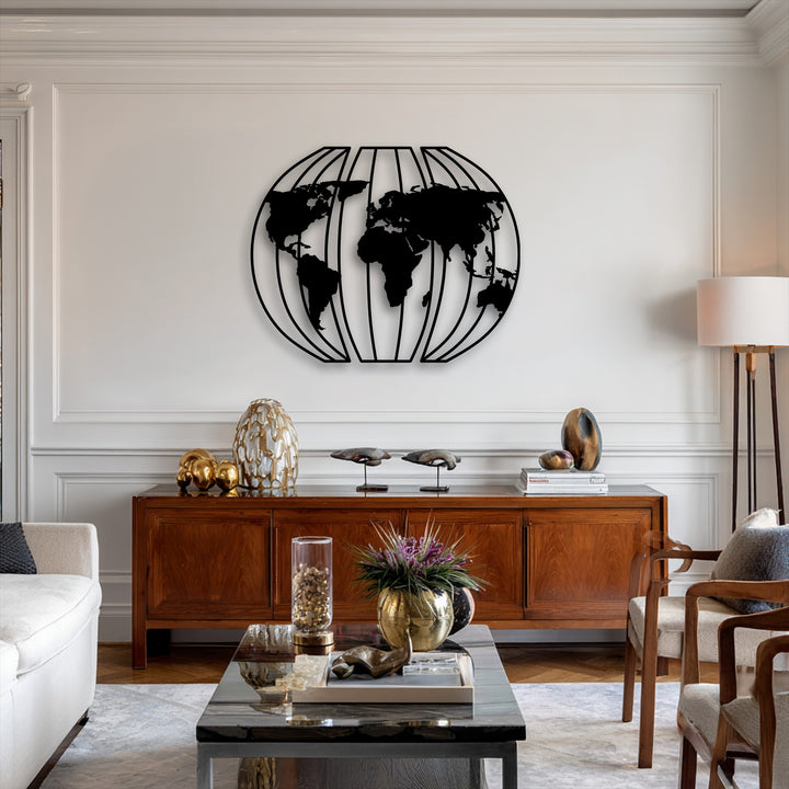 An inspiring and sophisticated mood is created by the 3D globe world map metal wall decor in a chic, well-appointed living space.