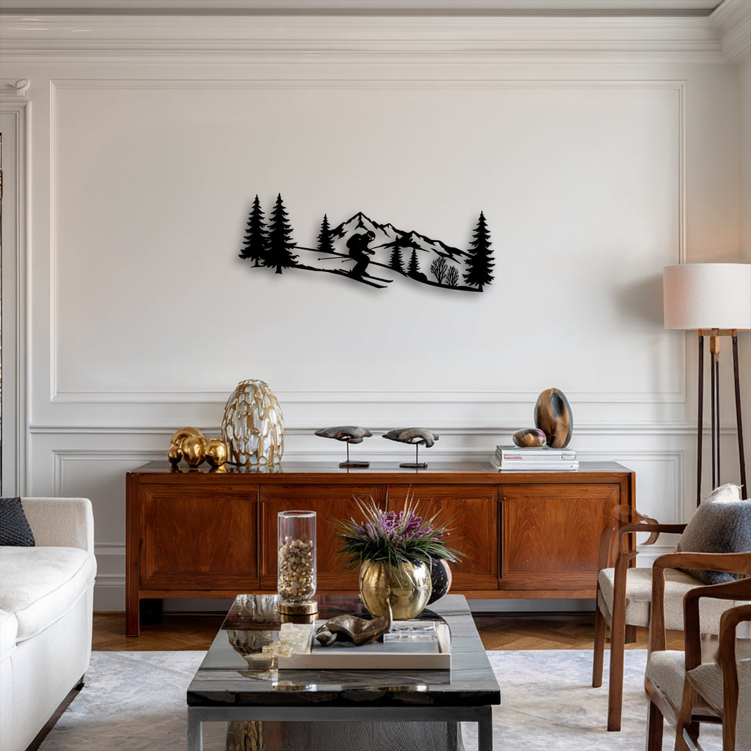 The abstract quality of the metal art for wall dramatically silhouetted black metal skier descends a stylized mountain scene.