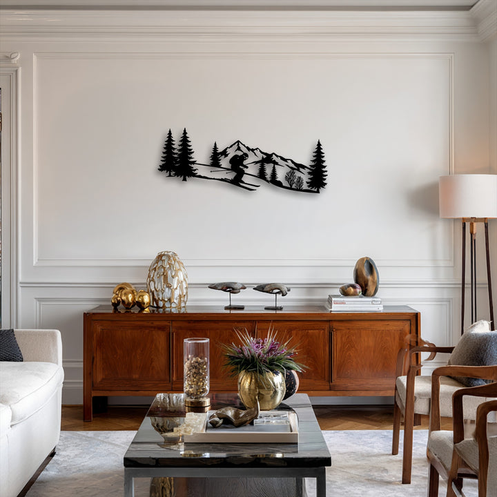 The abstract quality of the metal art for wall dramatically silhouetted black metal skier descends a stylized mountain scene.