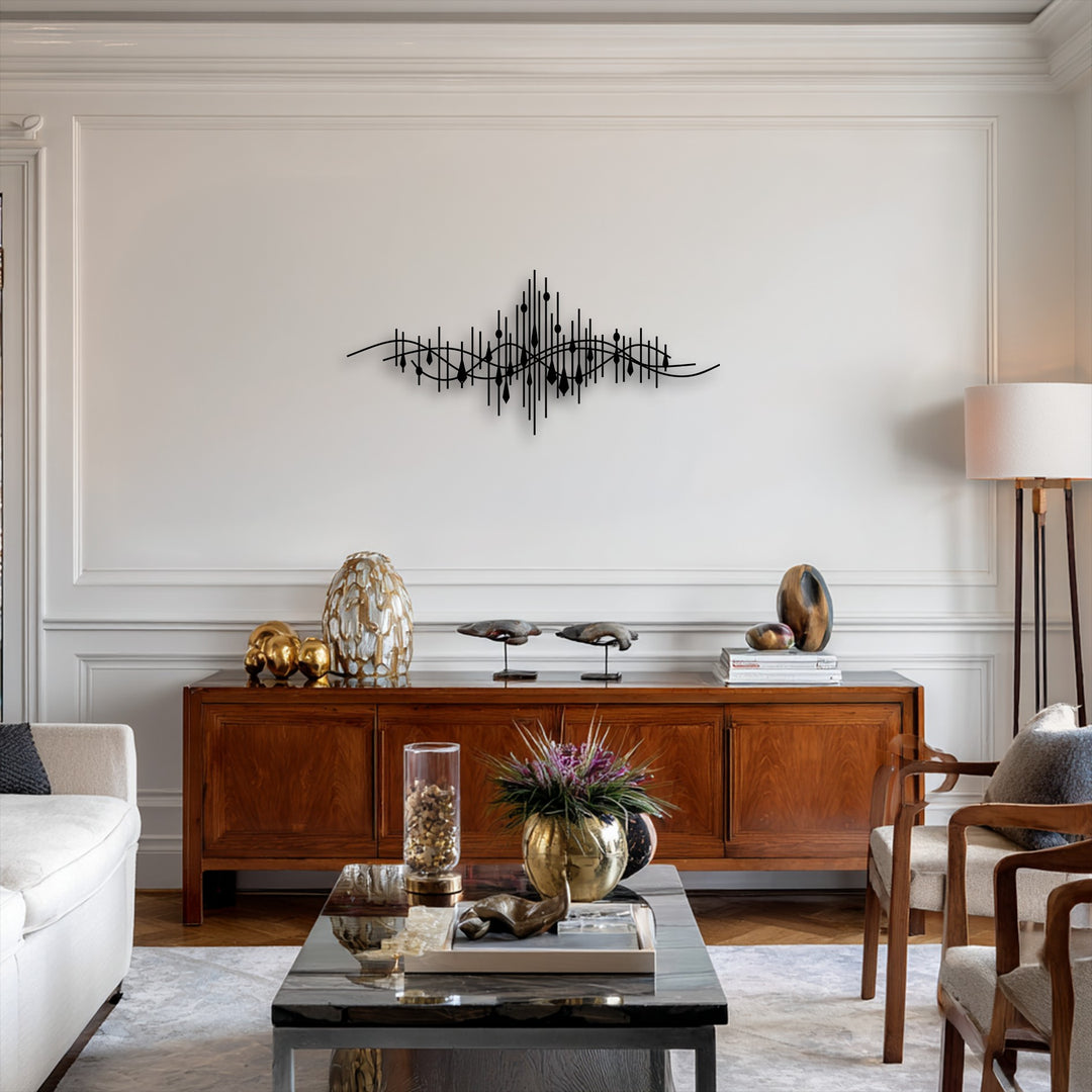 The soft, light gray patterned rug anchors the room, complemented by the elegant abstract soundwave line metal decoration wall art.