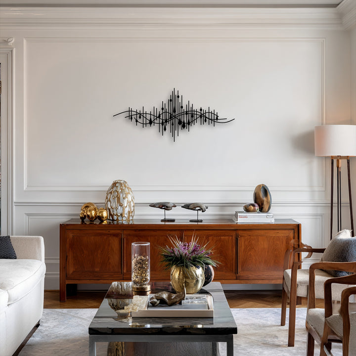 The soft, light gray patterned rug anchors the room, complemented by the elegant abstract soundwave line metal decoration wall art.