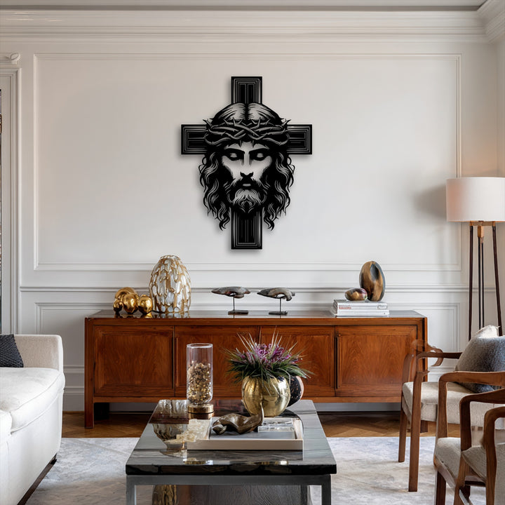 The room's inviting warm color temperature elegantly complements the striking black Jesus cross metal decoration wall art.