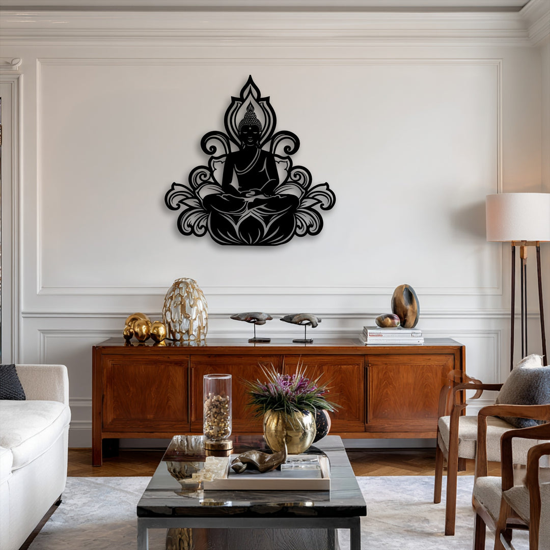 The geometric elements of this serene Buddha lotus silhouette metal wall decor feature intricate, swirling patterns surrounding the meditating figure.
