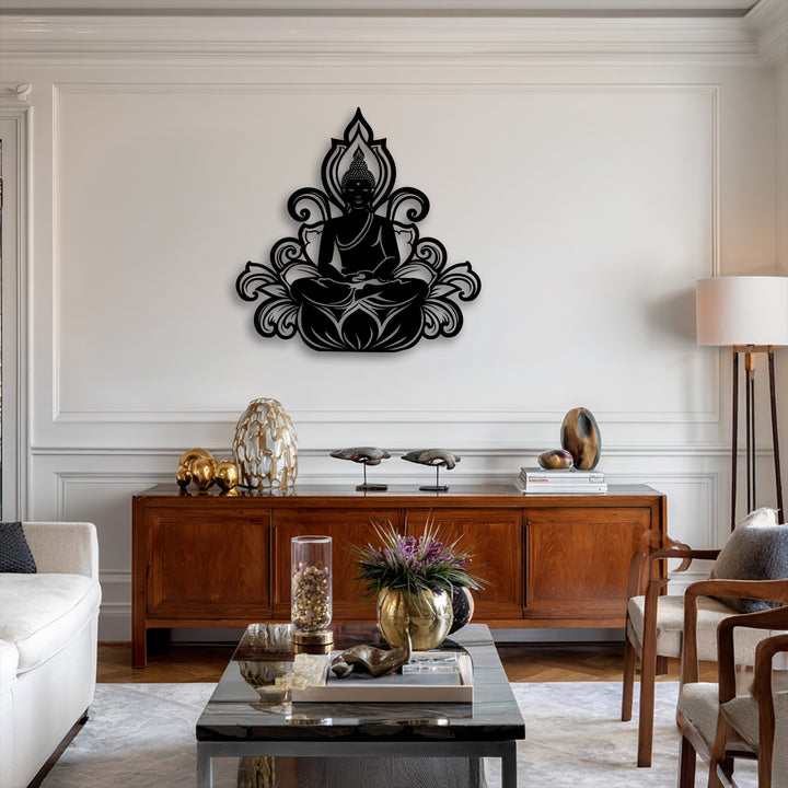 The geometric elements of this serene Buddha lotus silhouette metal wall decor feature intricate, swirling patterns surrounding the meditating figure.